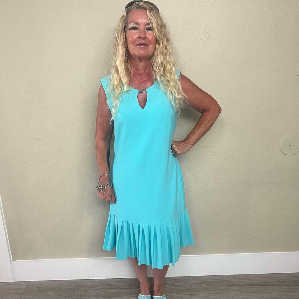 Sandra Darren Aqua Keyhole Neck Midi Dress